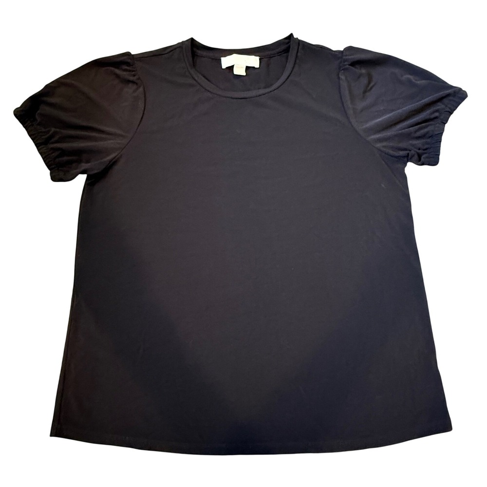 Michael Kors Black Puff Sleeve Crew Neck Knit Top Gold Logo Bar Womens Large